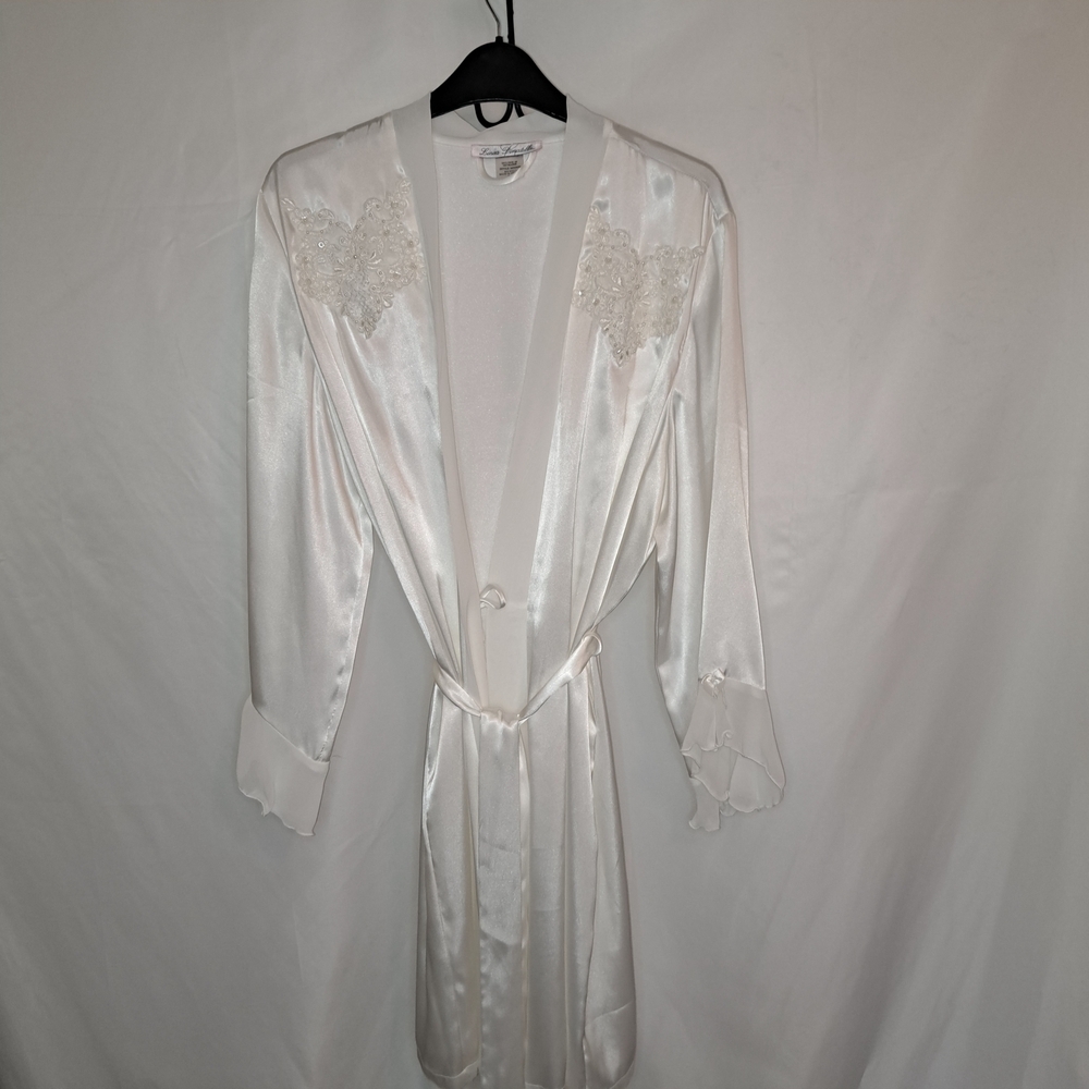 Linea Donatella Cream Satin Robe with Lace Accents Women's Size Large #203